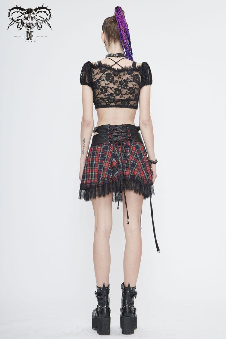 Crimson & Obsidian Scottish Plaid Off Shoulder Bright Leather Straps Lace Up Lace Punk T-Shirt