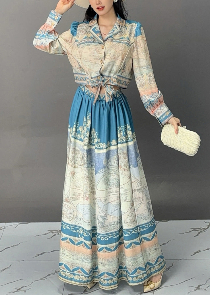 French Blue Print Tops And Skirts Cotton Two Pieces Set Fall AJ1023