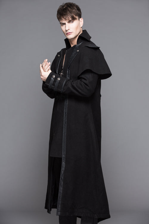 Men's Gothic Long Coat with High Collar, Woollen Fabric and Faux Two-Piece Cut