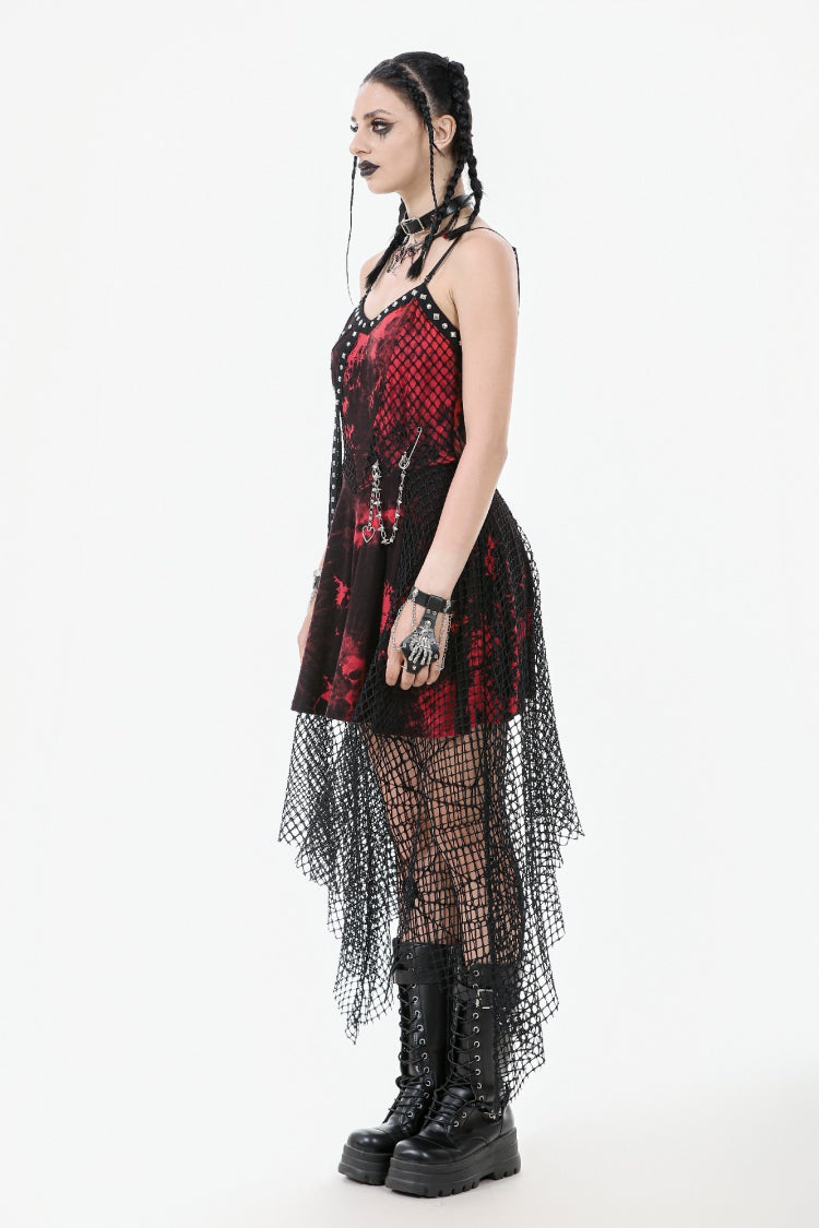 Crimson Punk Slip Dress with Asymmetric Tie-Dye and Mesh Hem