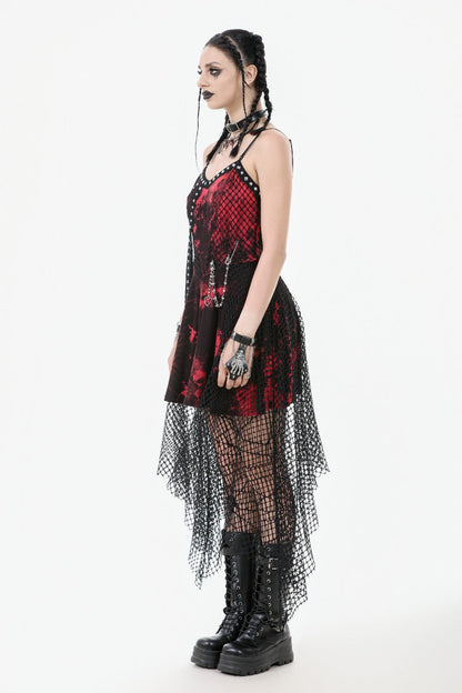 Crimson Punk Slip Dress with Asymmetric Tie-Dye and Mesh Hem