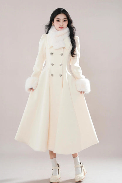 Elegant Princess Lolita Coat with Double-Breasted Front & Removable Fur Collar, Cream