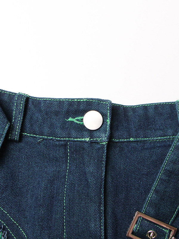 Jupe trapèze en tulle bleu vert avec patchwork en jean et ceinture TT1038 