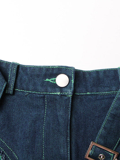 Jupe trapèze en tulle bleu vert avec patchwork en jean et ceinture TT1038 