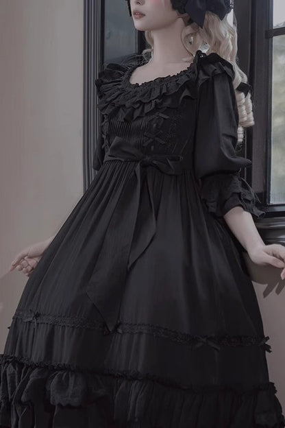 Ebony Short-Sleeve Ruffle Bow Lace-Up Gothic Dress - Good Morning