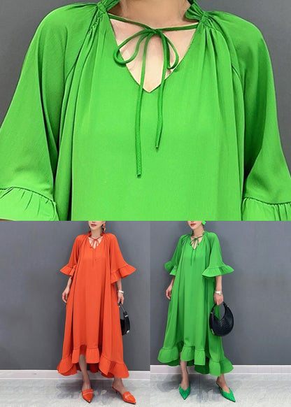 Art Orange V Neck Vacation Long Dresses Flare Sleeve AO1046