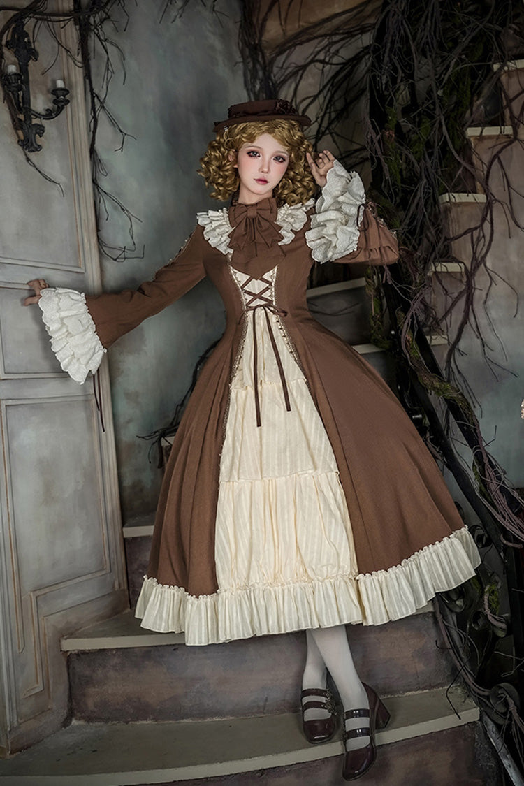 Nutcracker Stand Collar Trumpet Sleeve Lolita Dress Set with Bow - Lace-Up