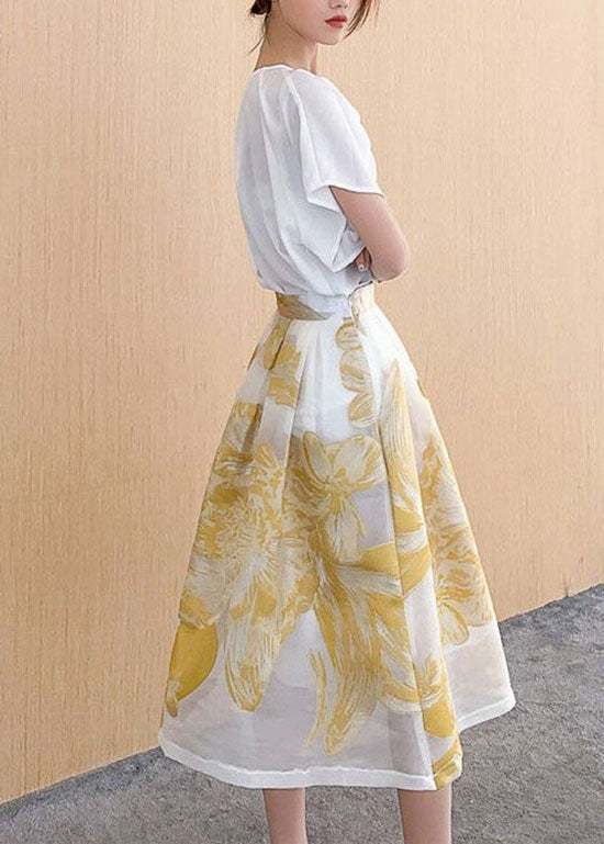 Women Yellow Wrinkled Patchwork Embroidered Tulle Skirt Summer AZ1038