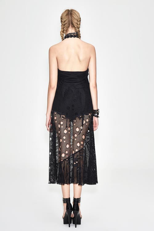 Void Halterneck Peplum Dress with Mesh Cutouts