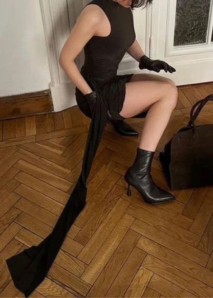 Brown Turtleneck Cotton Mid Fit Dress Wrinkled Sleeveless Slim