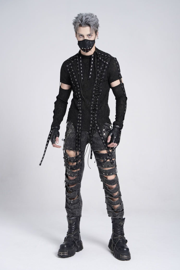 Ebony Long-Sleeve Strap Lace-Up Irregular Sheer Men's Punk Tee
