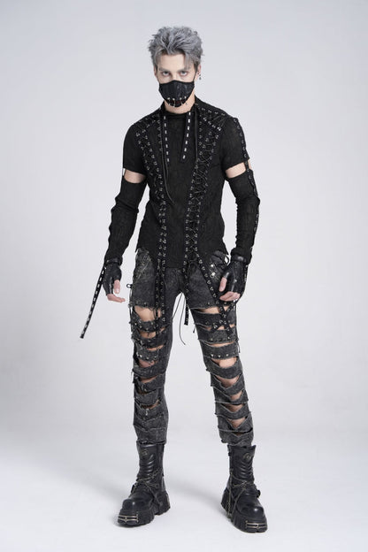 Ebony Long-Sleeve Strap Lace-Up Irregular Sheer Men's Punk Tee