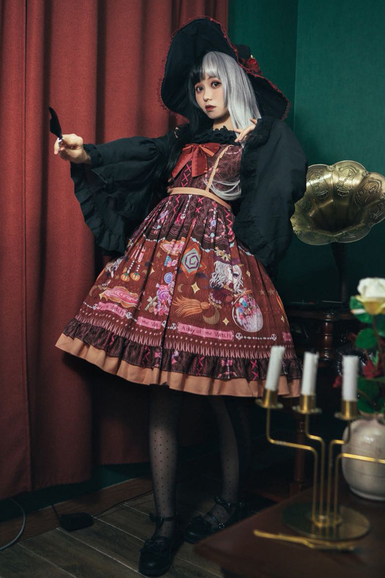 Little Witch Print Ruffle Bow Elegant Lolita Jumper Dress