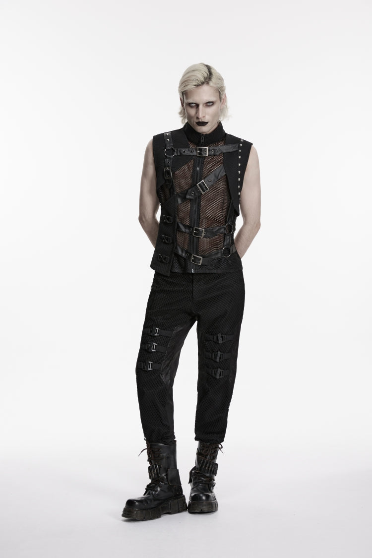 Cool Men's Black Punk Vest, Asymmetric with Studs and Buckles