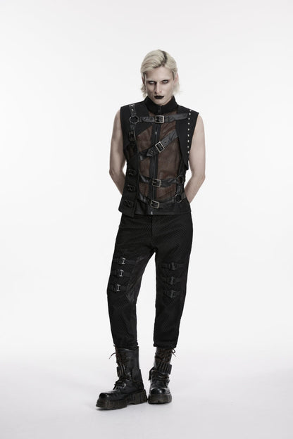 Cool Men's Black Punk Vest, Asymmetric with Studs and Buckles