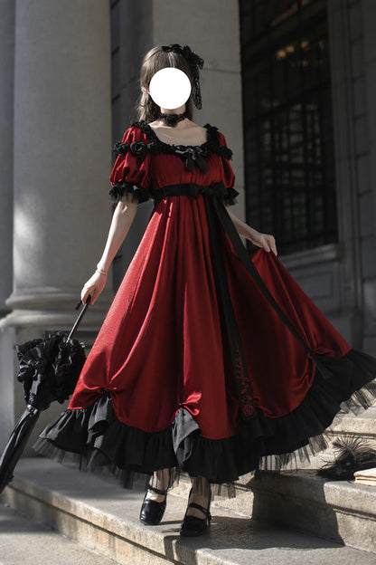 Crimson Square-Neck Vintage Lolita Dress with Ruffles and Bowknot