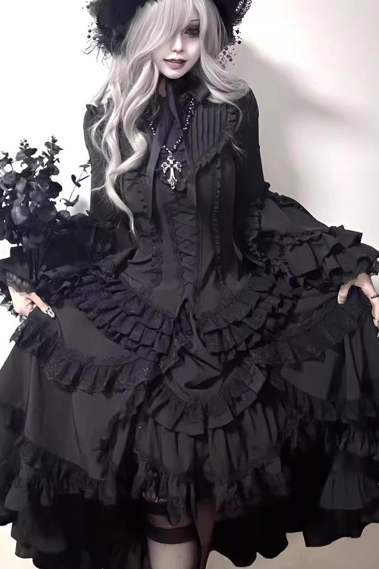 Ebony Flared Sleeve Tiered Lace-Up Bow Gothic JSK Ensemble - Immortal Phoenix