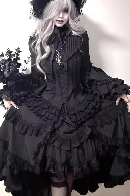 Ebony Flared Sleeve Tiered Lace-Up Bow Gothic JSK Ensemble - Immortal Phoenix