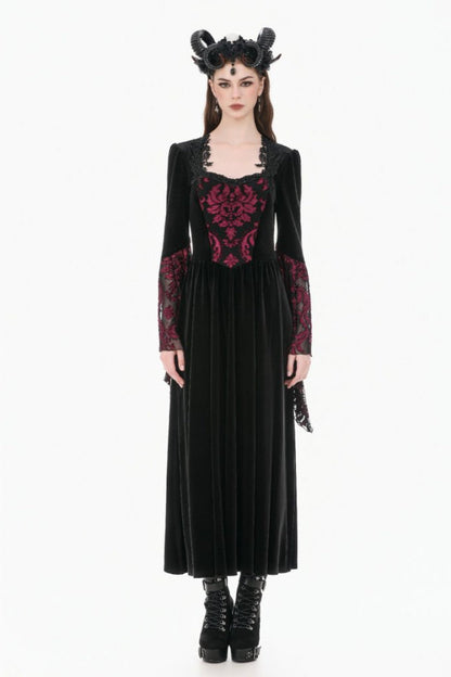 Crimson & Obsidian Square Collar Long Flare Puff Sleeves Lace Victorian Velvet Long Dress