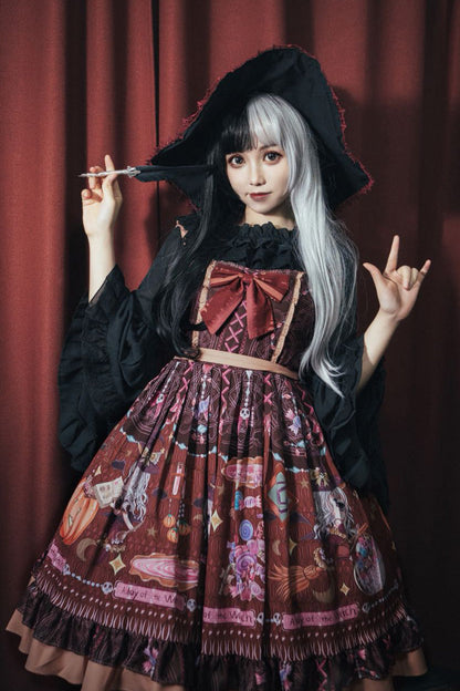 Little Witch Print Ruffle Bow Elegant Lolita Jumper Dress