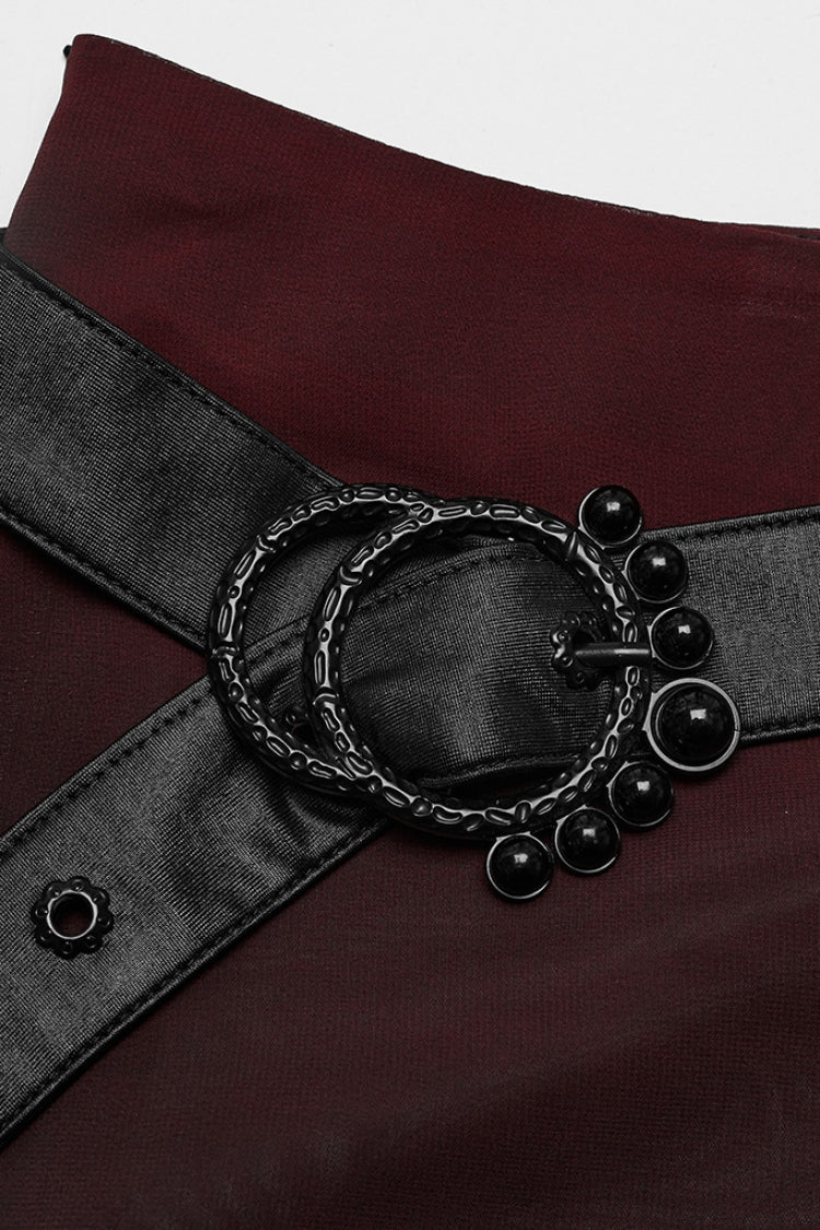 Crimson & Charcoal Studded Asymmetrical Goth Midi Skirt with Waist Chain