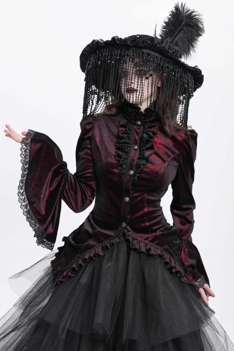 Crimson High-Neck Gothic Ruffled Blouse with Flared Sleeves and Tail Hem
