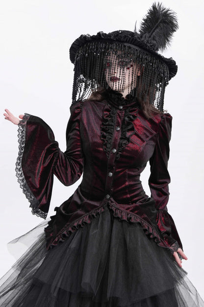 Crimson High-Neck Gothic Ruffled Blouse with Flared Sleeves and Tail Hem