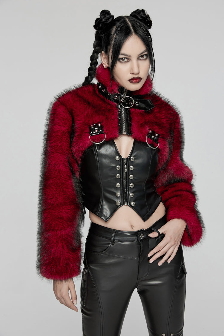 Crimson High-Neck Punk Faux Fur Cropped Jacket with Long Sleeves