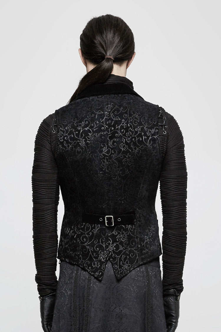 Vintage Gothic Men's Vest with V-Collar Print in Black Jacquard Velvet
