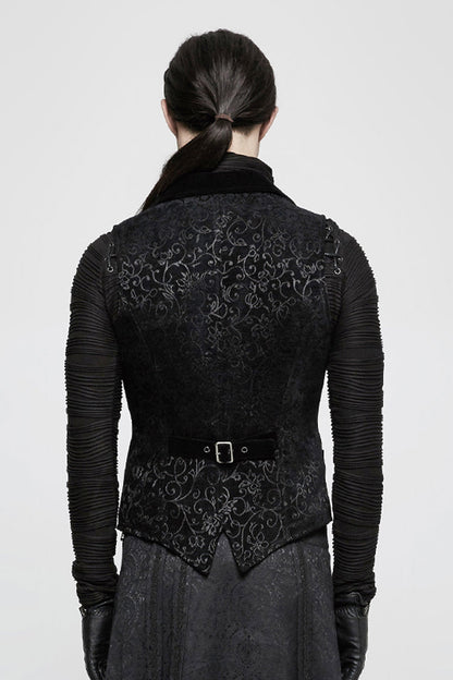 Vintage Gothic Men's Vest with V-Collar Print in Black Jacquard Velvet