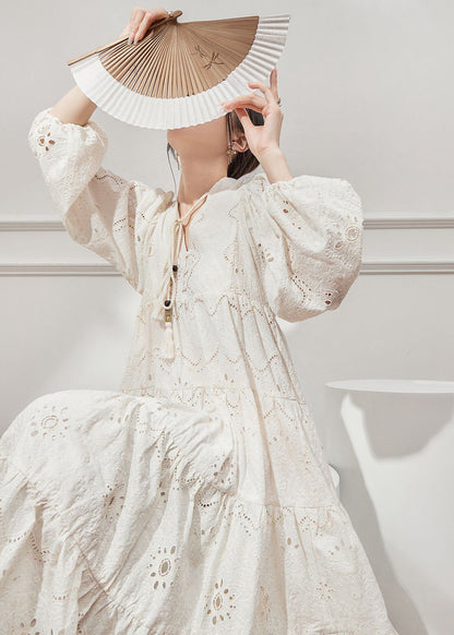Beige V Out Hollow Lantern Cotton Neck Style Dresses French