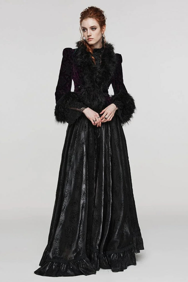 Women's V-Neck Long Sleeve Faux Fur Stitch Gothic Coat Four Shades