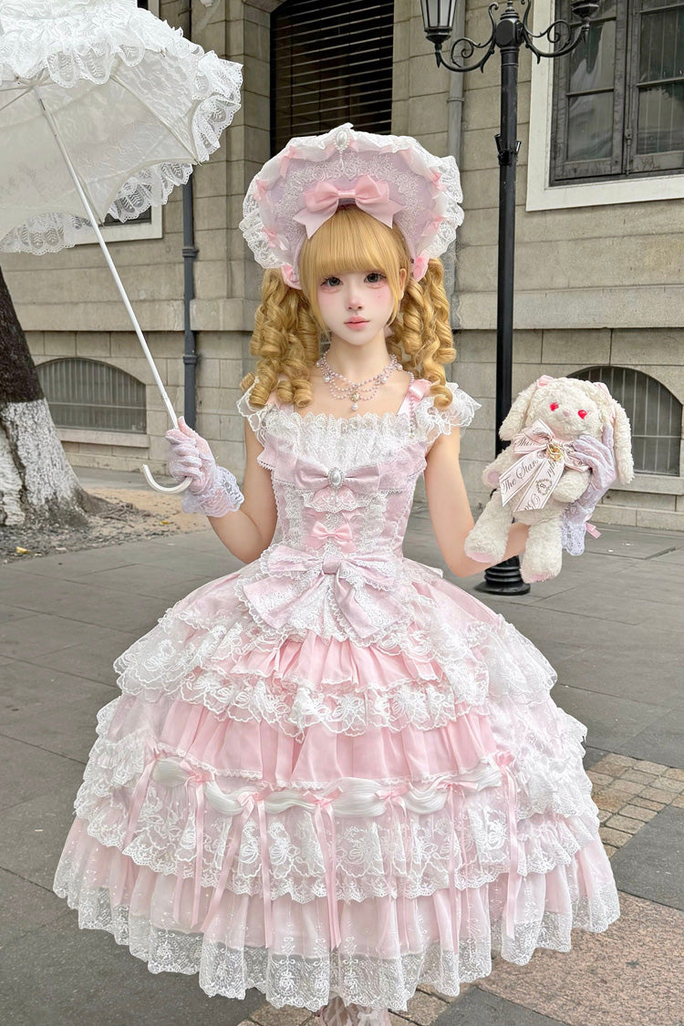 Blush Square Collar Embroidered Lace JSK with Bow