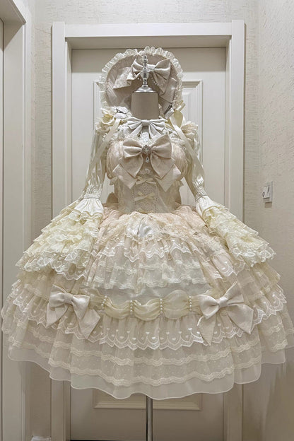 Sweet Princess Lolita Gown with Layered Bows & Lace Accents in Cream