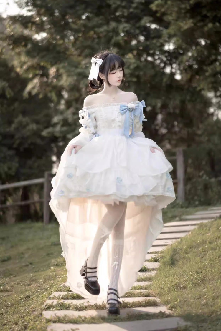 Ivory Boatneck Multi-Layer Ruffle Hanayome Bow Princess Lolita Strapless Dress