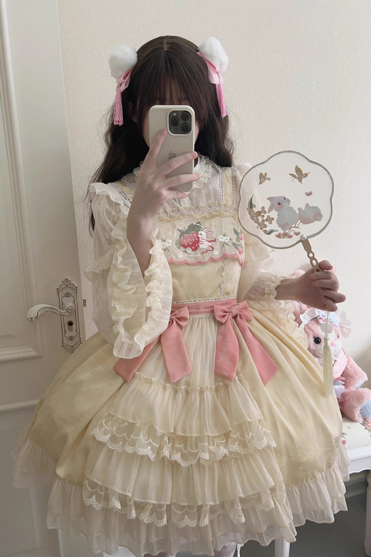 Ruffle Embroidery Cardigan Bowknot Sweet Lolita JSK Dress with Moon Rabbit Print