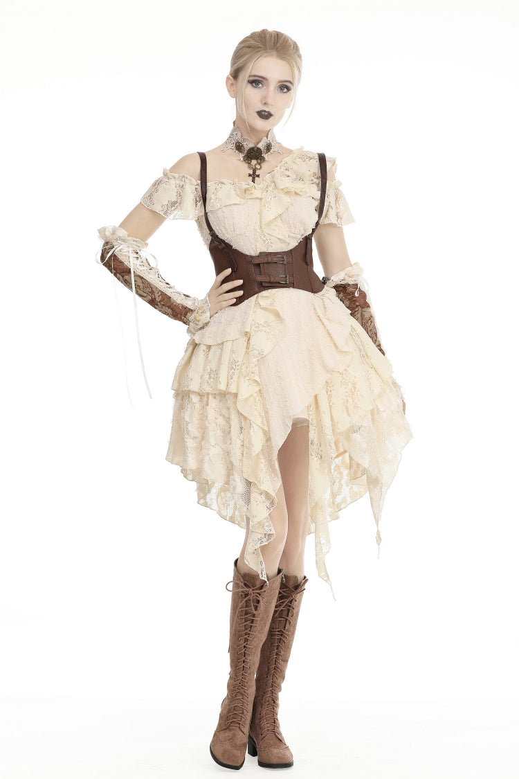 Steampunk Vintage Women's Dress with Irregular Ruffled Lace Layers, Cream