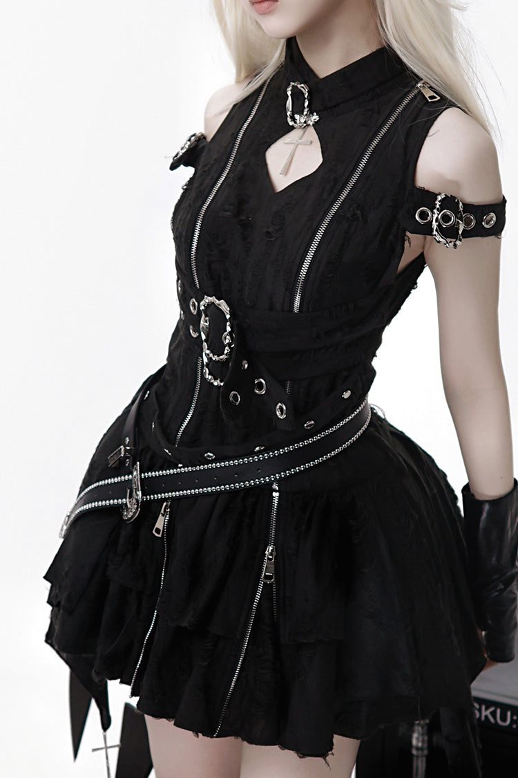 Ebony Stand-Collar Off-Shoulder Embroidered Zip Dress - Hunter