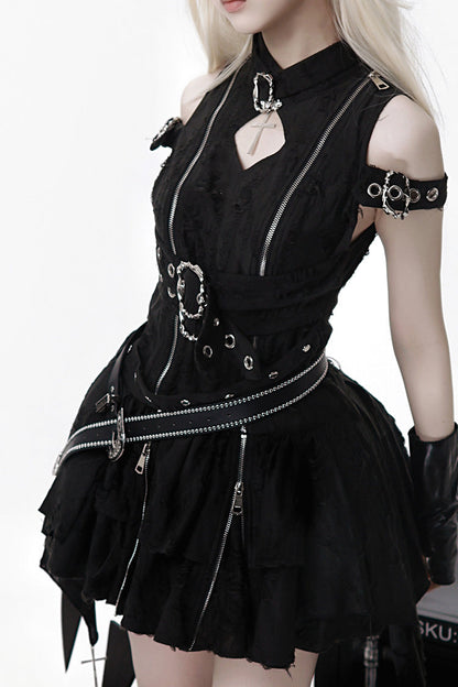Ebony Stand-Collar Off-Shoulder Embroidered Zip Dress - Hunter
