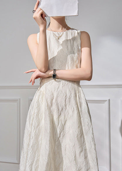 High White Dresses Waist O-Neck Sleeveless Jacquard Long Cotton