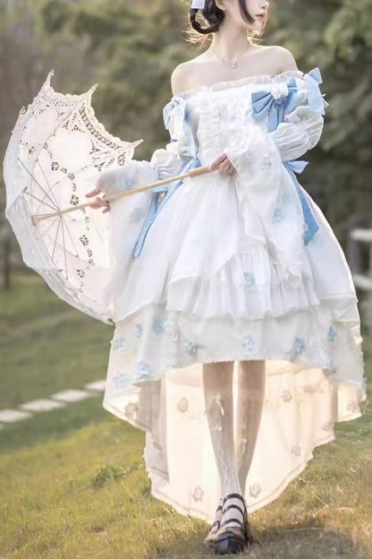 Ivory Boatneck Multi-Layer Ruffle Hanayome Bow Princess Lolita Strapless Dress