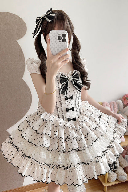 Sweet Princess Lolita JSK Gown with Polka Dots, Ruffles & Sleeveless Bow