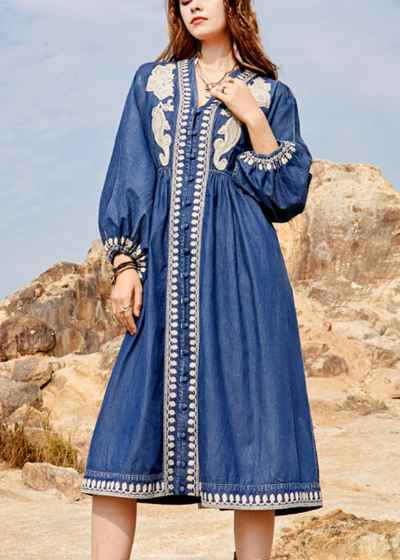 Women Navy V Neck Embroidered Patchwork Denim Maxi Dresses Spring NN022