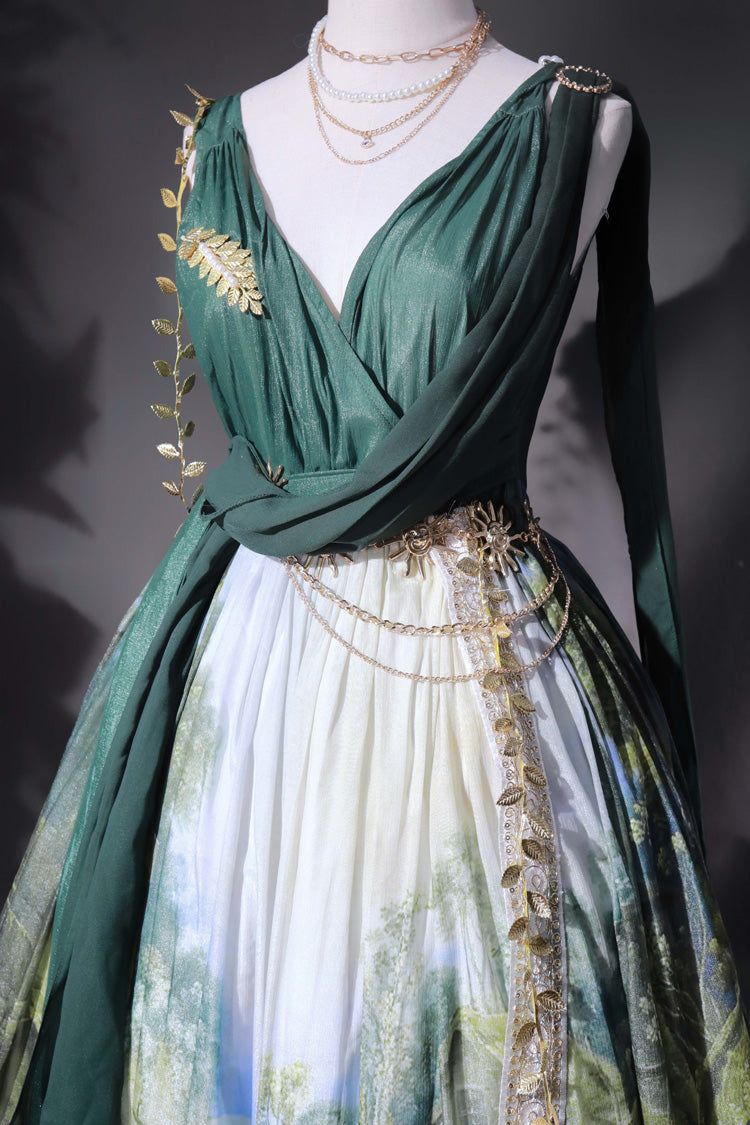 Emerald Grace Favor V-Neck Sleeveless Oil-Painting Printed JSK