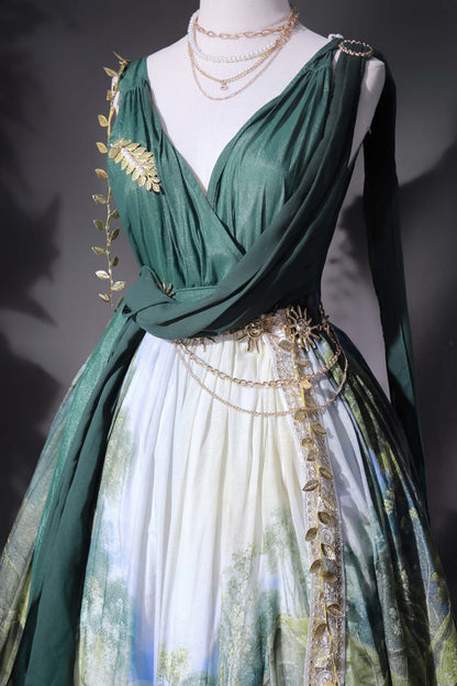 Emerald Grace Favor V-Neck Sleeveless Oil-Painting Printed JSK