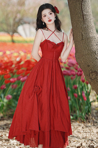 Crimson Classic Lolita JSK Dress with Double-Layered Ruffles and Rose Motif
