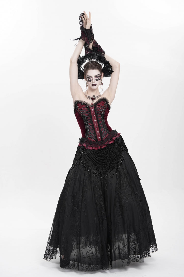Crimson Gothic Overbust Corset with Beaded Lace and Lace-Up Back