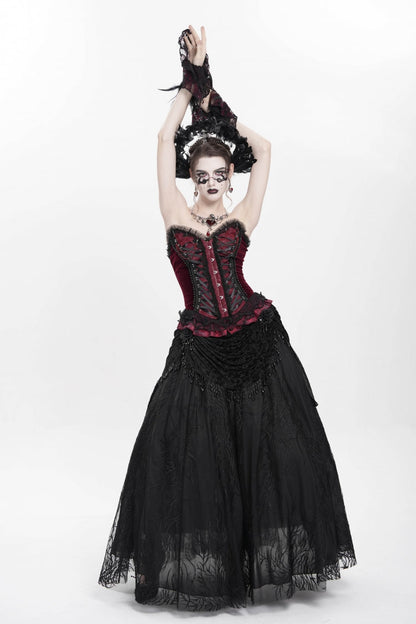Crimson Gothic Overbust Corset with Beaded Lace and Lace-Up Back