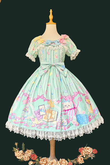 Emerald Macaron Dolly Square-Collar Lantern-Sleeve Bow Printed Dress