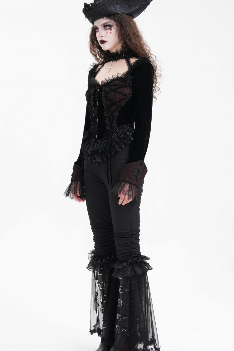 Mesh Gothic Blouse with Lace-Up Ruffles for Women